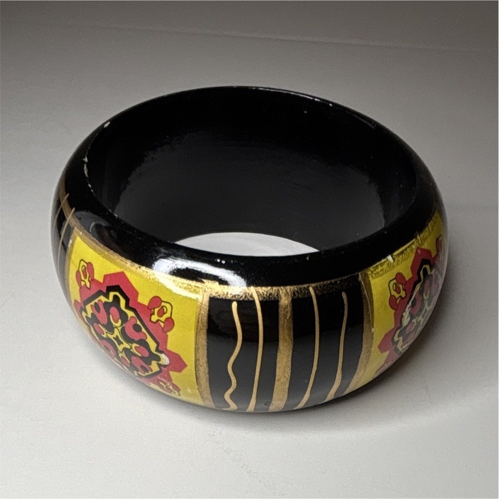 Black Wooden vintage Bangle Bracelet, Gold Stripe Red/Yellow Pattern, Bohemian